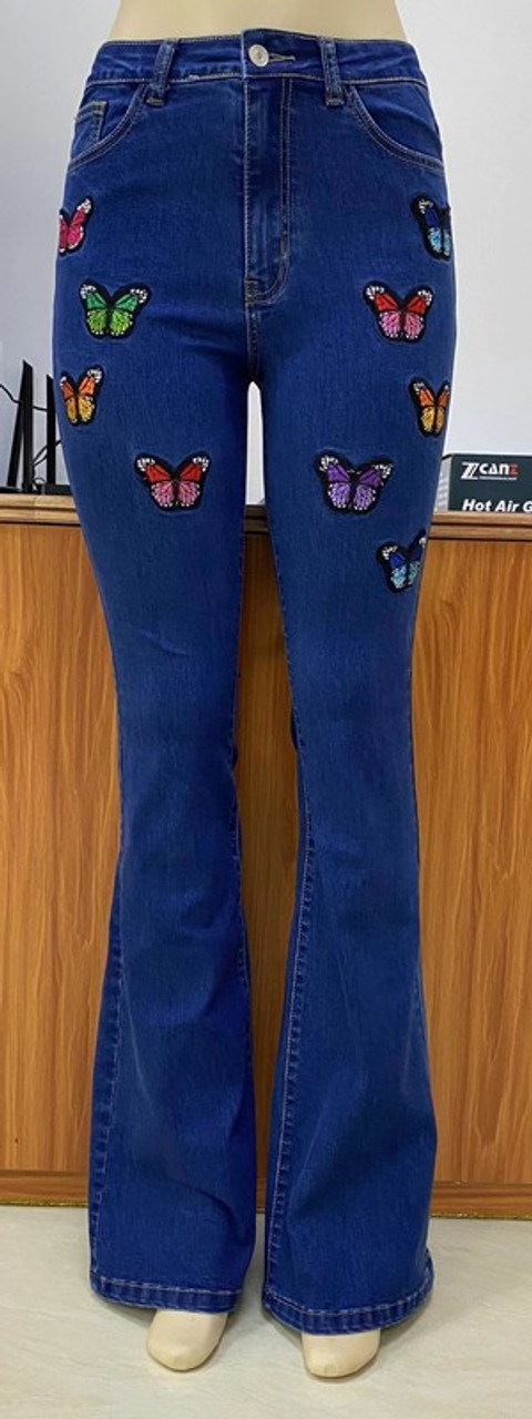 Women's High-Rise Medium Wash Butterfly Patch Flare Jeans