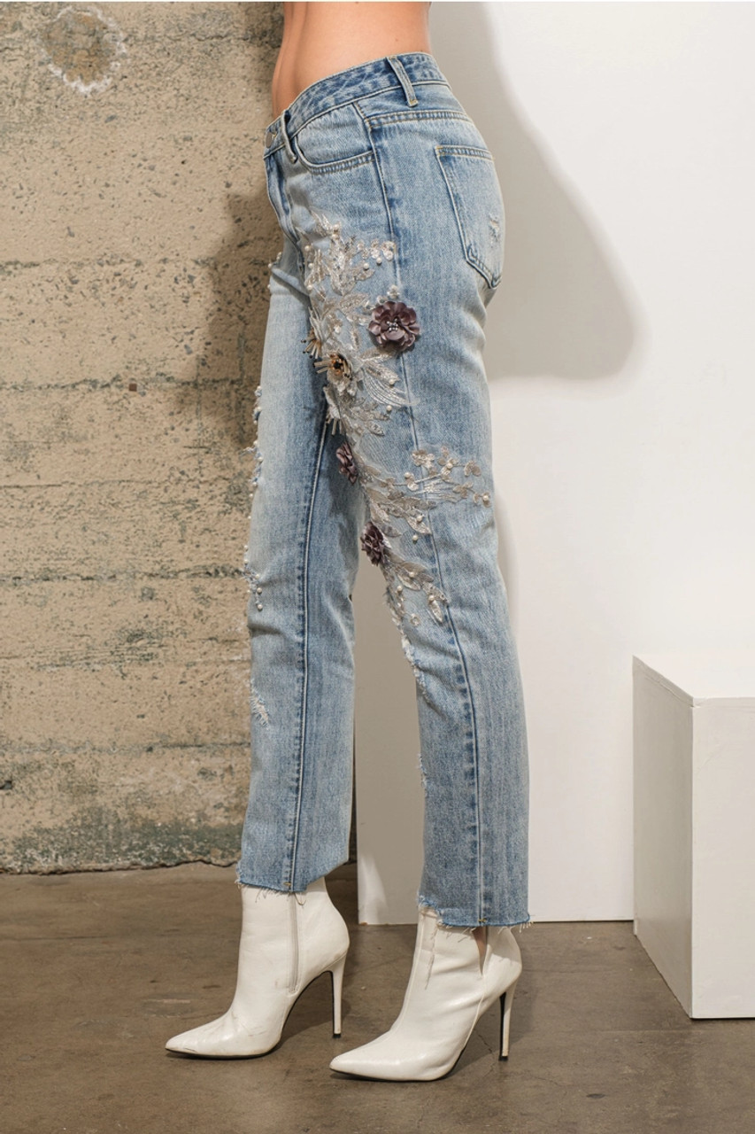 PT05 SLIM FIT FLOWER DENIM／Made in Italy CHICFOR Womens High Waist Slim Fit Flower Embroidery Skinny