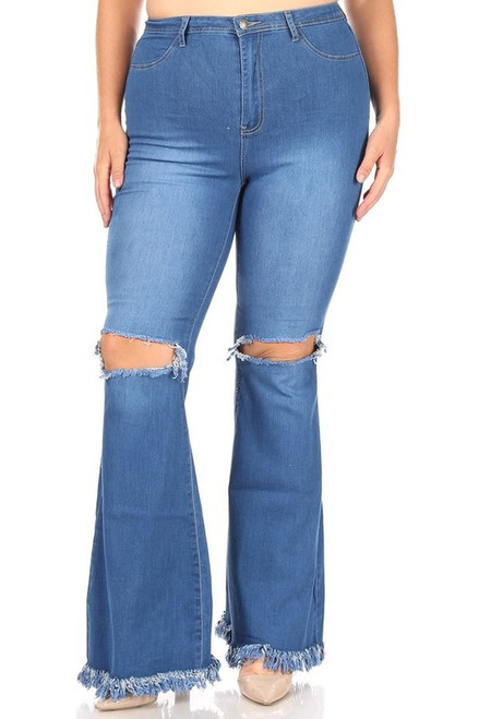 HIGH WAIST STRETCH FLARE DENIM KNEE SLIT FRAY HEM