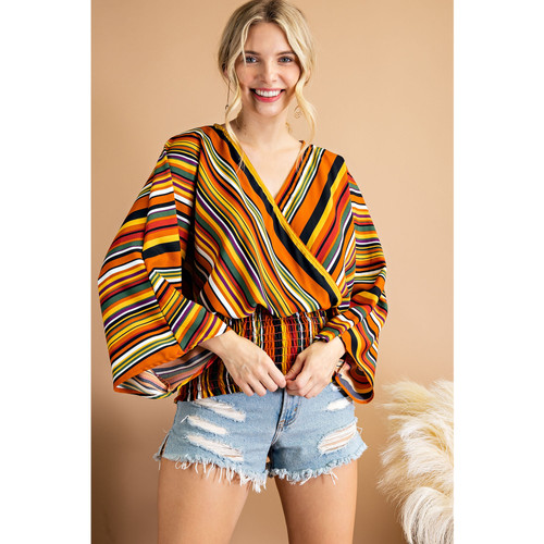 Smocked Waist Long Sleeve Kimono Top