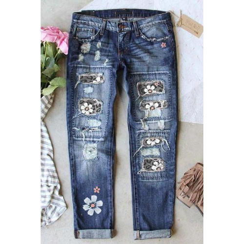 Grey Floral Leopard  distressed High waist Jeans 