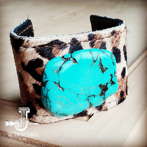 Leather Cuff with Tie-Leopard Hide and Turquoise Slab