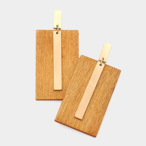 Wood Rectangle Metal Bar Dangle Earrings