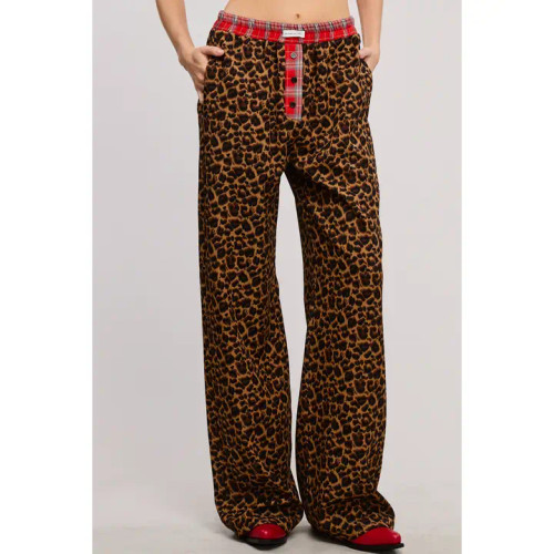 Plaid/Flannel Contrast Waistband Leopard Pants