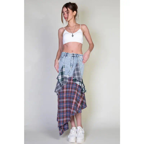 Asymmetric  Denim Midi Skirt with Plaid Patches