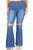 HIGH WAIST STRETCH FLARE DENIM KNEE SLIT FRAY HEM