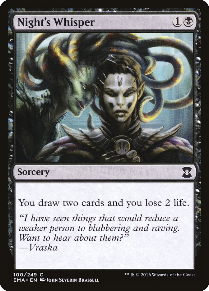 mtg eternal night cards Ludevic, Necrogenius // Olag, Ludevic's Hubris (Showcase Night) [Innistrad: Midnight Hunt] create a tapped and attacking token thats a copy of another target attacking creature Night's Whisper | Eternal Masters