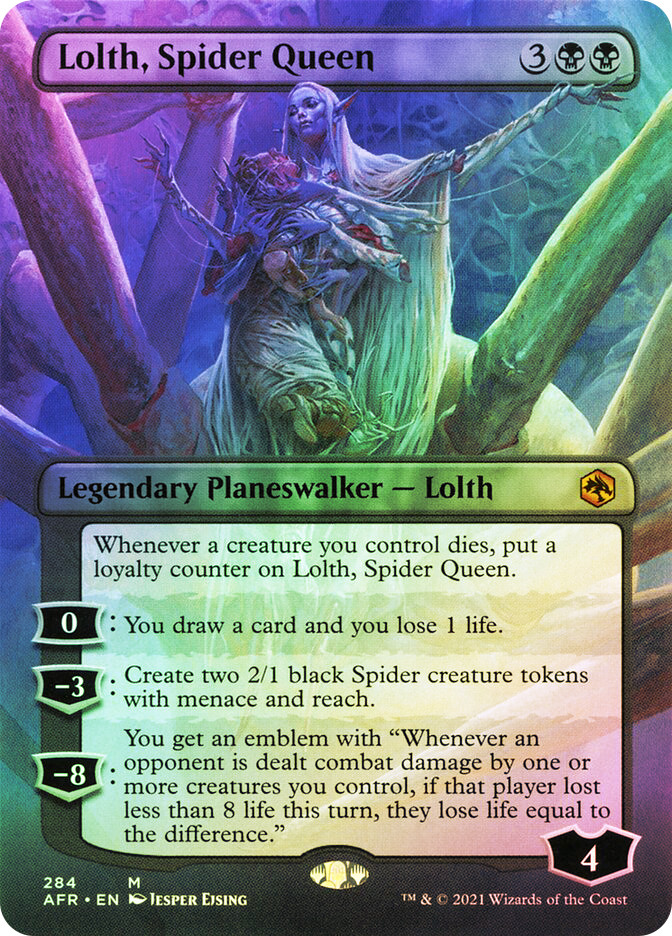 lolth mtg card Magic the Gathering Trading Card Game Adventures in the Forgotten Realms Mythic Rare Lolth, Spider Queen #284 [Borderless Planeswalker]