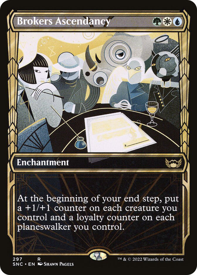 brokers cards mtg Magic The Gathering - Streets of New Capenna - Charm put a +1/+1 counter on each creature you control and a loyalty counter on each planeswalker you control Brokers Charm - Streets of