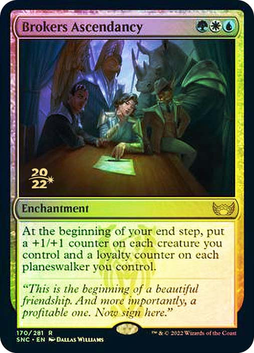 brokers cards mtg Magic The Gathering - Streets of New Capenna - Charm put a +1/+1 counter on each creature you control and a loyalty counter on each planeswalker you control Brokers Charm - Streets of