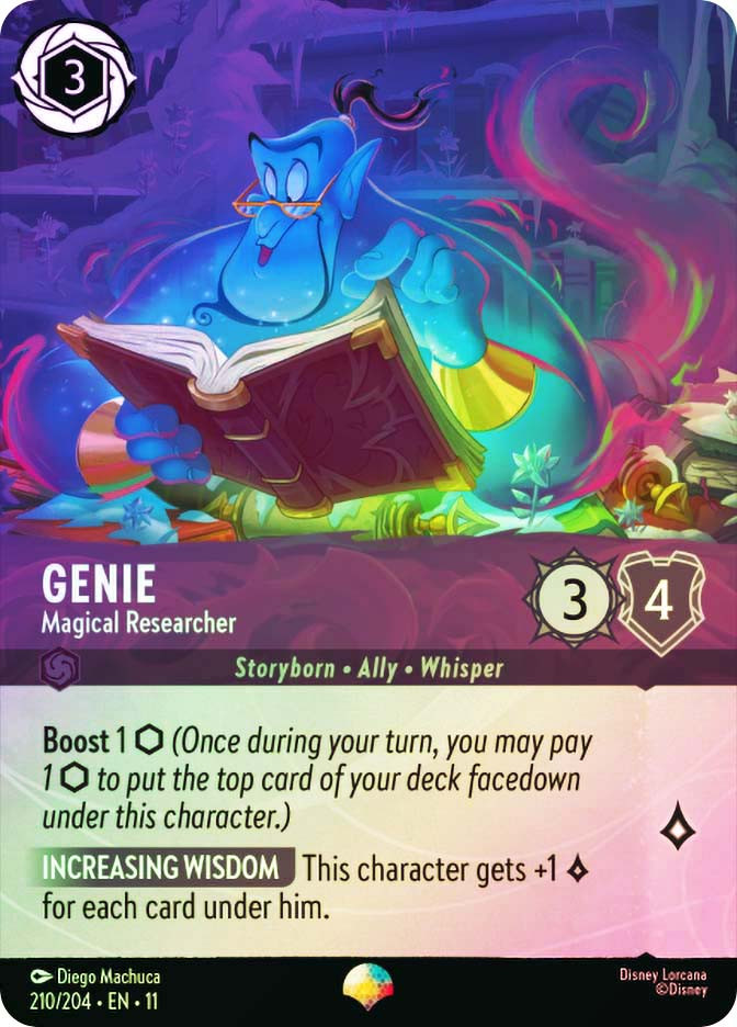 lorcana genie card - Shimmering Skies - - Main Attraction (Legendary) is at last ready to put plans into motion Genie, Magical Researcher (foil) (borderless)