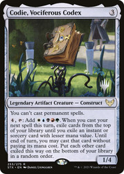 Codie, Vociferous Codex (Promo Pack) (Strixhaven: School of Mages)\nPromo: Planeswalker Stamped\nSingle\nMagic The Gathering