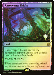 Razorverge Thicket (Promo Pack) (Phyrexia: All Will Be One)\nPromo: Planeswalker Stamped\nSingle\nMagic The Gathering