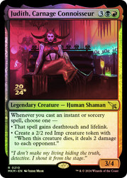 Judith, Carnage Connoisseur (Prerelease) (Murders at Karlov Manor)\nPromo: Date Stamped\nSingle\nMagic The Gathering