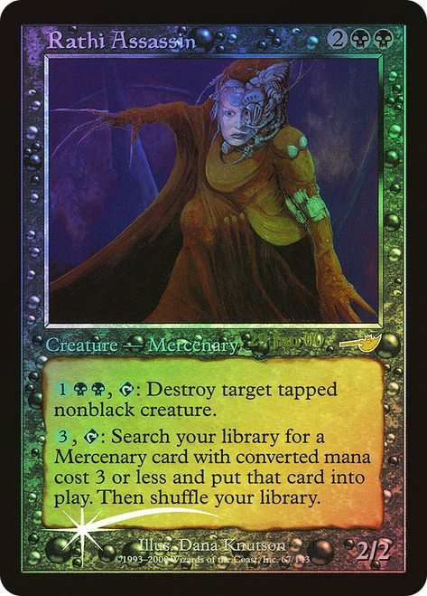 Rathi Assassin (Prerelease) (Nemesis)\nPromo: Date Stamped\nSingle\nMagic The Gathering