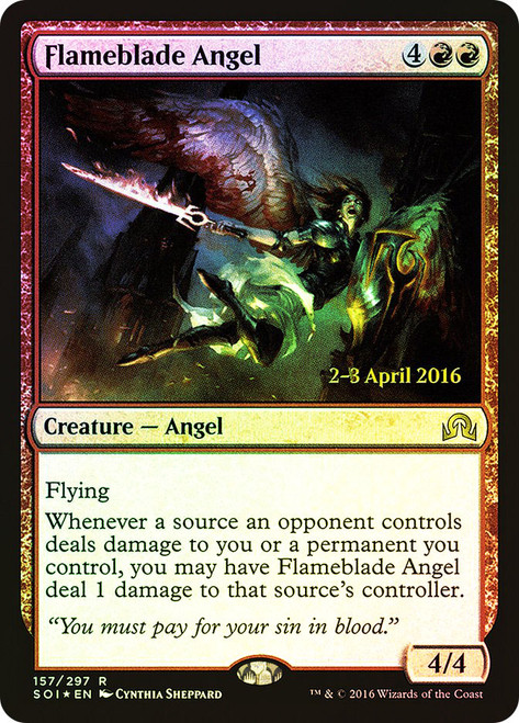 Flameblade Angel (Prerelease) (Shadows over Innistrad)\nPromo: Date Stamped\nSingle\nMagic The Gathering