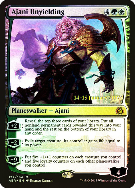 Ajani Unyielding (Prerelease) (Aether Revolt)\nPromo: Date Stamped\nSingle\nMagic The Gathering
