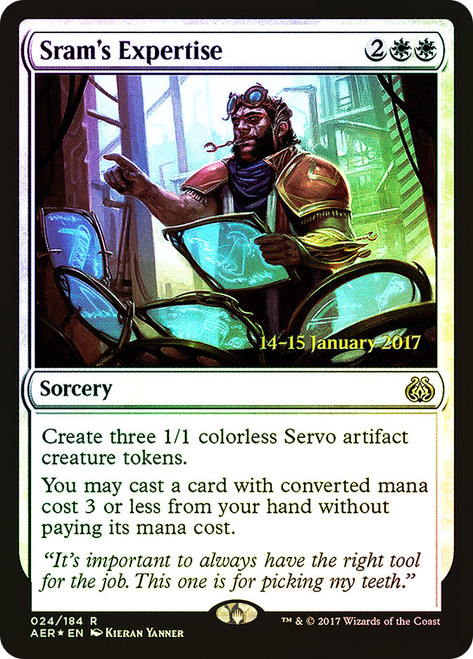 Sram's Expertise (Prerelease) (Aether Revolt)\nPromo: Date Stamped\nSingle\nMagic The Gathering
