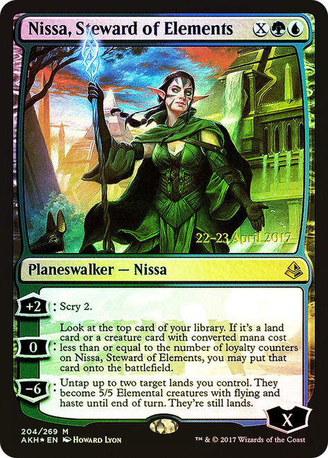 Nissa, Steward of Elements (Prerelease) (Amonkhet)\nPromo: Date Stamped\nSingle\nMagic The Gathering