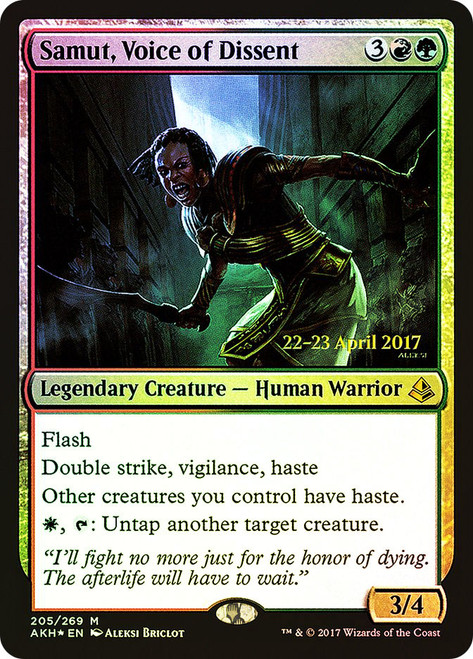 Samut, Voice of Dissent (Prerelease) (Amonkhet)\nPromo: Date Stamped\nSingle\nMagic The Gathering