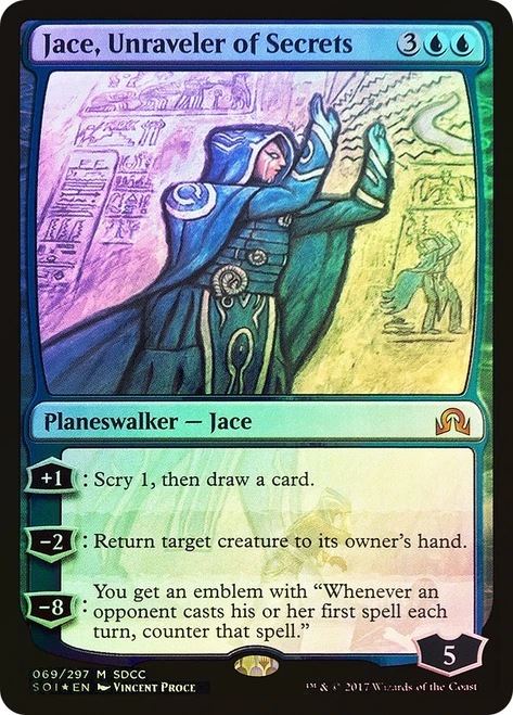 Jace, Unraveler of Secrets (SDCC 2017)\nPromo: General\nSingle\nMagic The Gathering