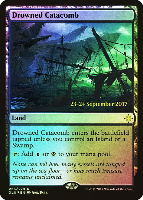 Drowned Catacomb (Prerelease) (Ixalan)\nPromo: Date Stamped\nSingle\nMagic The Gathering