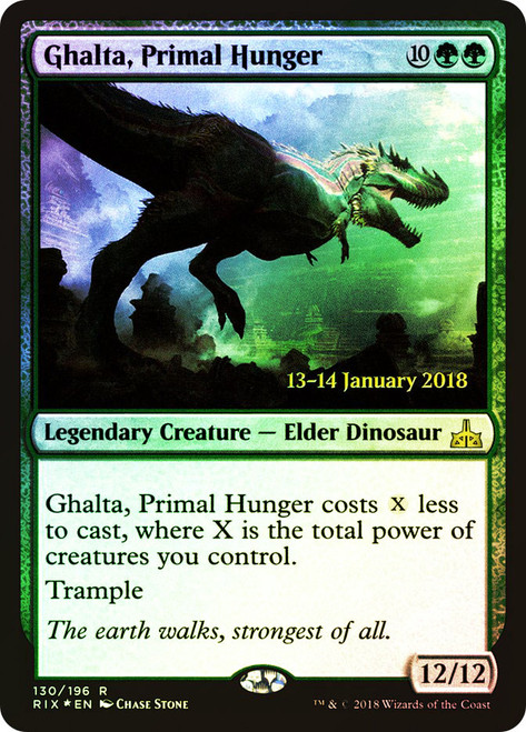 Ghalta, Primal Hunger (Prerelease) (Rivals of Ixalan)\nPromo: Date Stamped\nSingle\nMagic The Gathering