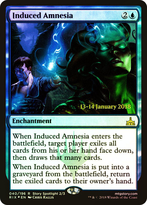 Induced Amnesia (Prerelease) (Rivals of Ixalan)\nPromo: Date Stamped\nSingle\nMagic The Gathering