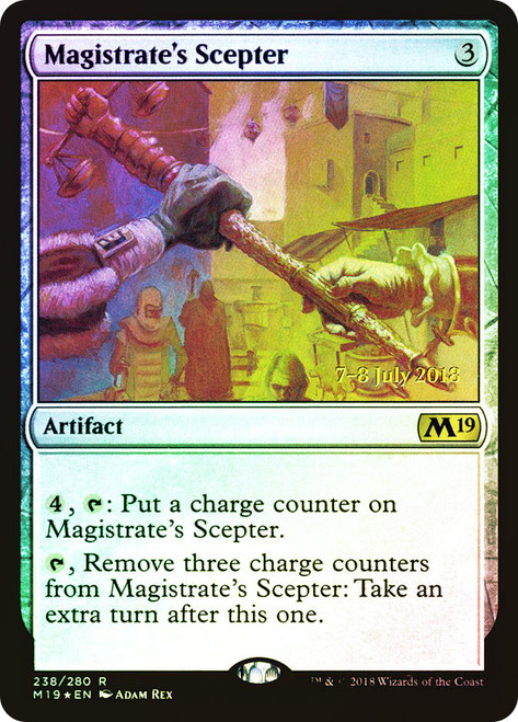 Magistrate's Scepter (Prerelease) (Core Set 2019)\nPromo: Date Stamped\nSingle\nMagic The Gathering