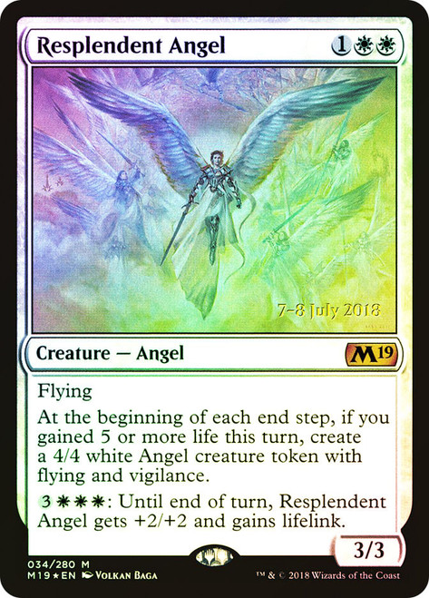 Resplendent Angel (Prerelease) (Core Set 2019)\nPromo: Date Stamped\nSingle\nMagic The Gathering