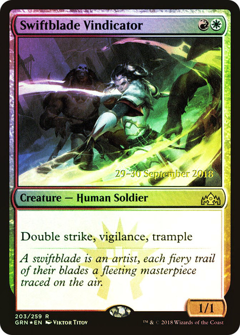 Swiftblade Vindicator (Prerelease) (Guilds of Ravnica)\nPromo: Date Stamped\nSingle\nMagic The Gathering