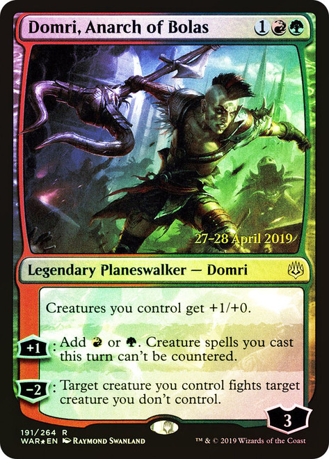 Domri, Anarch of Bolas (Prerelease) (War of the Spark)\nPromo: Date Stamped\nSingle\nMagic The Gathering