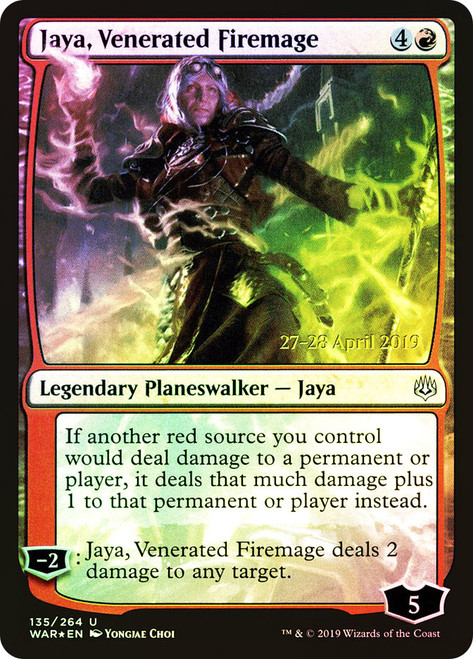 Jaya, Venerated Firemage (Prerelease) (War of the Spark)\nPromo: Date Stamped\nSingle\nMagic The Gathering