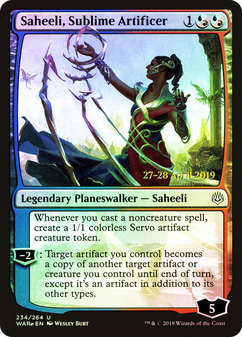 Saheeli, Sublime Artificer (Prerelease) (War of the Spark)\nPromo: Date Stamped\nSingle\nMagic The Gathering