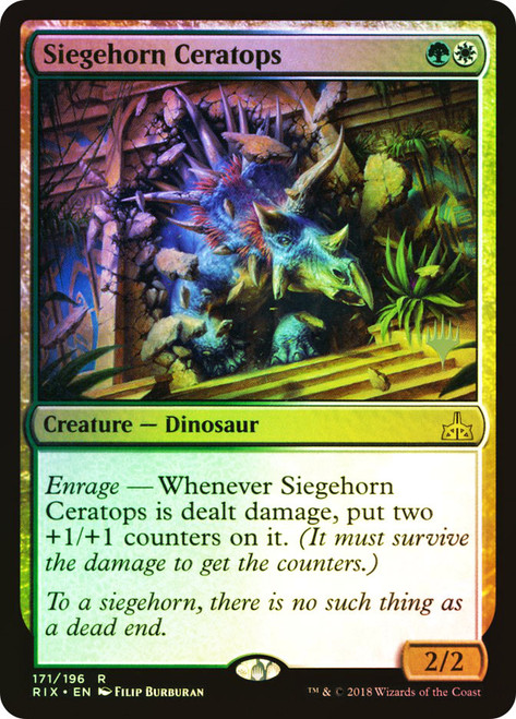 Siegehorn Ceratops (Promo Pack) (Rivals of Ixalan)\nPromo: Planeswalker Stamped\nSingle\nMagic The Gathering