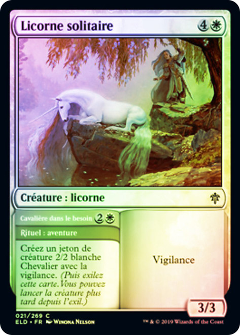 Lonesome Unicorn // Rider in Need
Throne of Eldraine - French
Single
Magic The Gathering