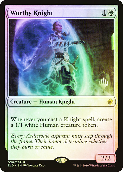 Worthy Knight (Promo Pack) (Throne of Eldraine)\nPromo: Planeswalker Stamped\nSingle\nMagic The Gathering