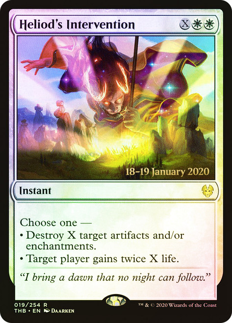 Heliod's Intervention (Prerelease) (Theros Beyond Death)\nPromo: Date Stamped\nSingle\nMagic The Gathering