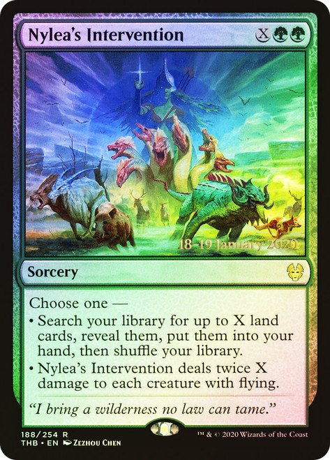 Nylea's Intervention (Prerelease) (Theros Beyond Death)\nPromo: Date Stamped\nSingle\nMagic The Gathering