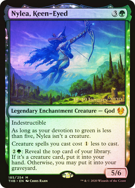 Nylea, Keen-Eyed (Prerelease) (Theros Beyond Death)\nPromo: Date Stamped\nSingle\nMagic The Gathering