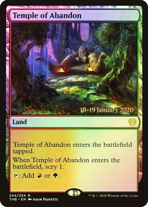 Temple of Abandon (Prerelease) (Theros Beyond Death)\nPromo: Date Stamped\nSingle\nMagic The Gathering