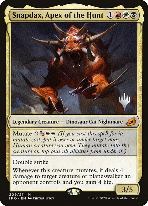 Snapdax, Apex of the Hunt (Promo Pack) (Ikoria: Lair of Behemoths)\nPromo: Planeswalker Stamped\nSingle\nMagic The Gathering