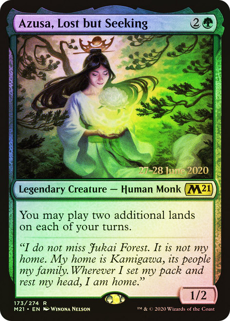 Azusa, Lost but Seeking (Prerelease) (Core Set 2021)\nPromo: Date Stamped\nSingle\nMagic The Gathering