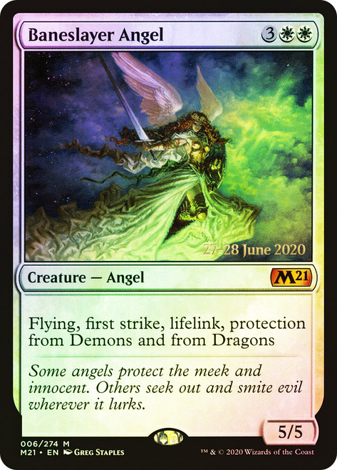 Baneslayer Angel (Prerelease) (Core Set 2021)\nPromo: Date Stamped\nSingle\nMagic The Gathering