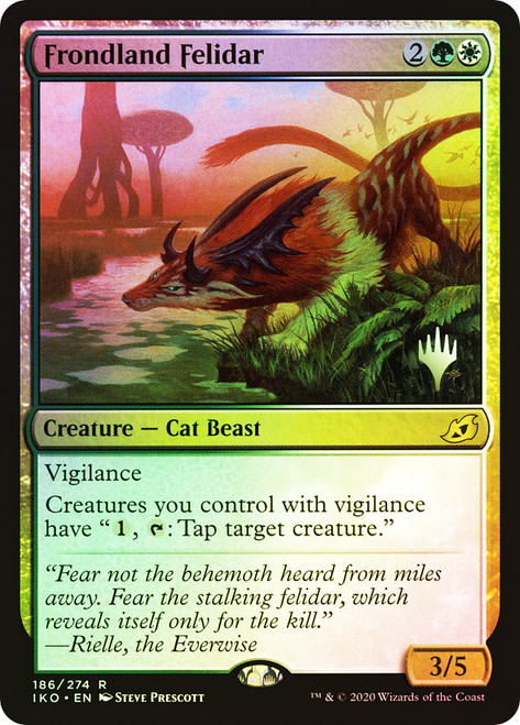 Frondland Felidar (Promo Pack) (Ikoria: Lair of Behemoths)\nPromo: Planeswalker Stamped\nSingle\nMagic The Gathering