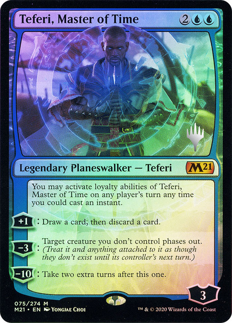 Teferi, Master of Time (Promo Pack) (Core Set 2021) (#075)\nPromo: Planeswalker Stamped\nSingle\nMagic The Gathering