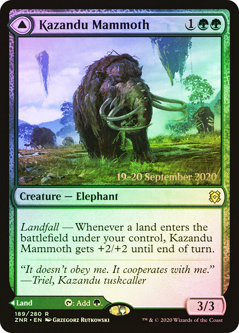 Kazandu Mammoth // Kazandu Valley (Prerelease) (Zendikar Rising)\nPromo: Date Stamped\nSingle\nMagic The Gathering