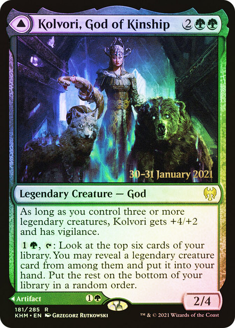 Kolvori, God of Kinship // The Ringhart Crest (Prerelease) (Kaldheim)\nPromo: Date Stamped\nSingle\nMagic The Gathering
