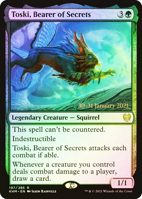 Toski, Bearer of Secrets (Prerelease) (Kaldheim)\nPromo: Date Stamped\nSingle\nMagic The Gathering