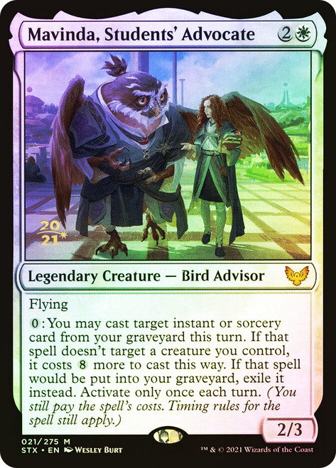 Mavinda, Students' Advocate (Prerelease) (Strixhaven: School of Mages)\nPromo: Date Stamped\nSingle\nMagic The Gathering